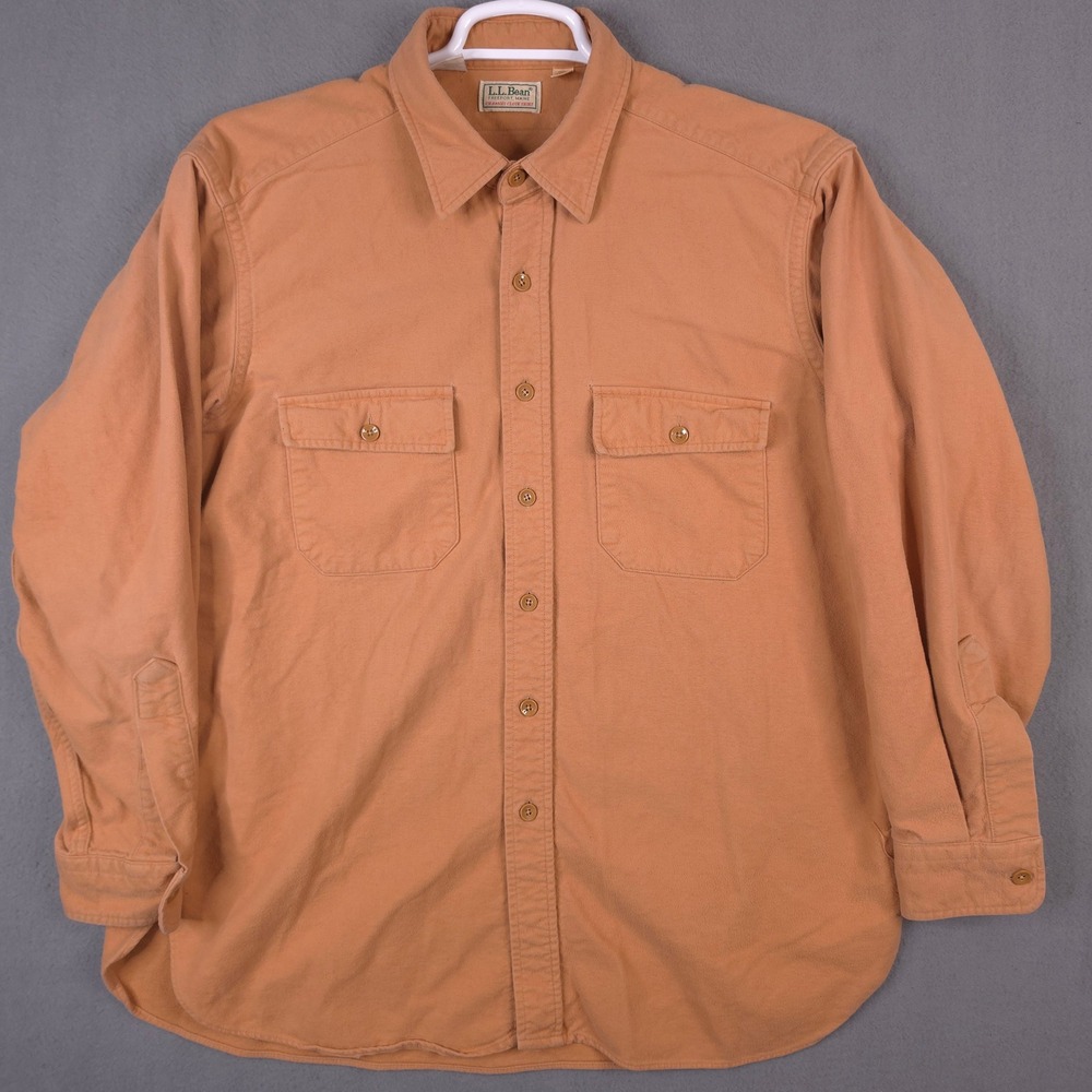 LL Bean Chamois Cloth Over Shirt Shirt Mens 17 Button Cotton Orange Rust USA